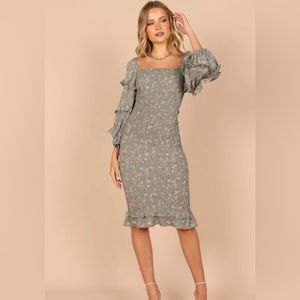 Petal and pup Bonita Shirred Frill Long Sleeve Bodycon Midi Dress - Sage Floral